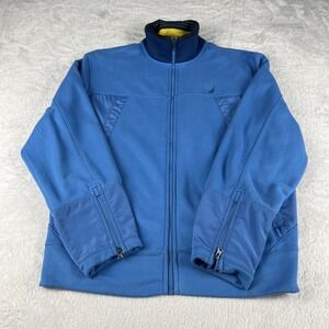 Nautica Jacket Mens Large Blue Fleece Yellow Collar Full Zip with Pads on Wrists